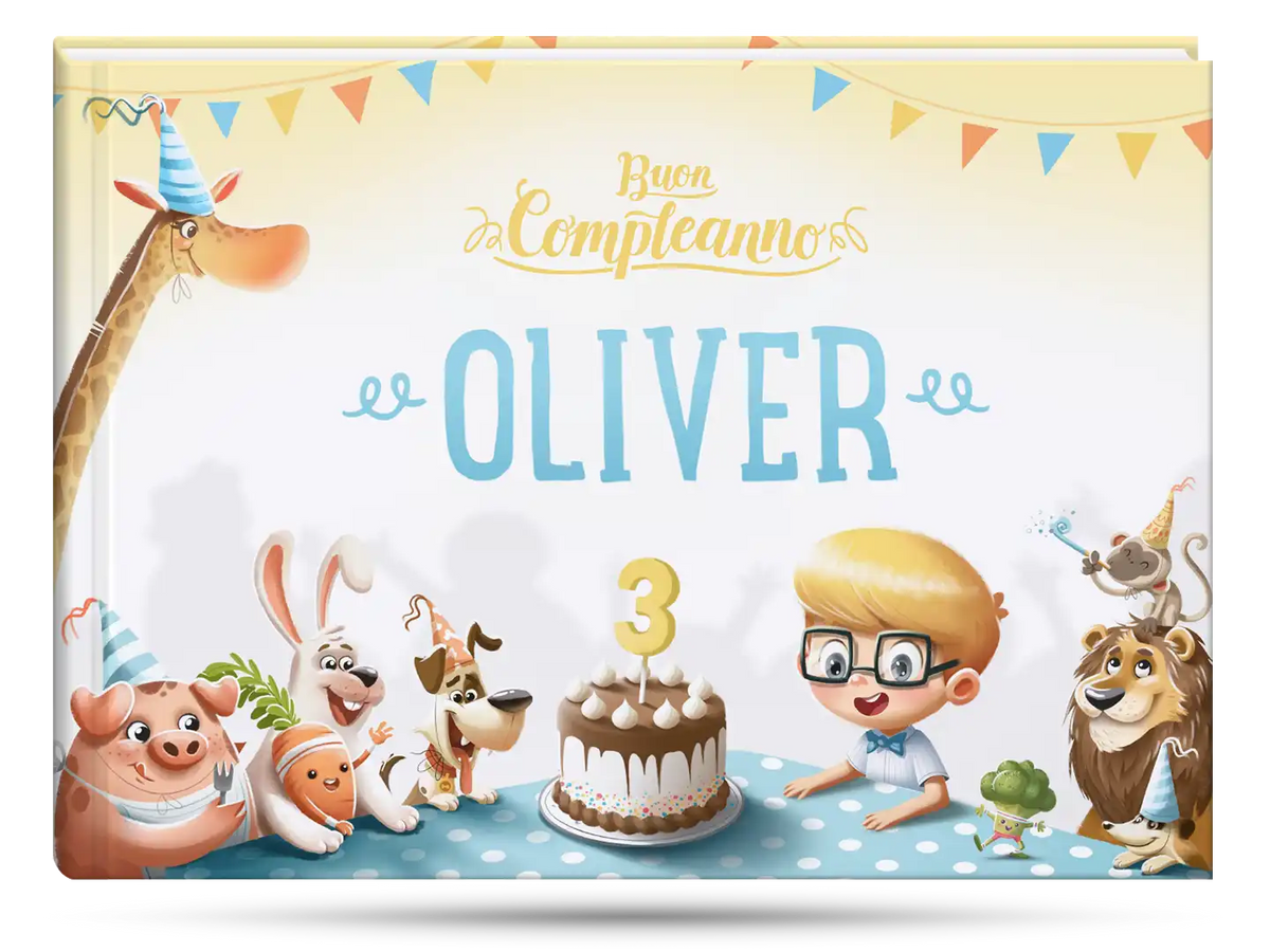 La copertina del libro di compleanno personalizzato, perfetto come regalo per un bambino di tre anni.