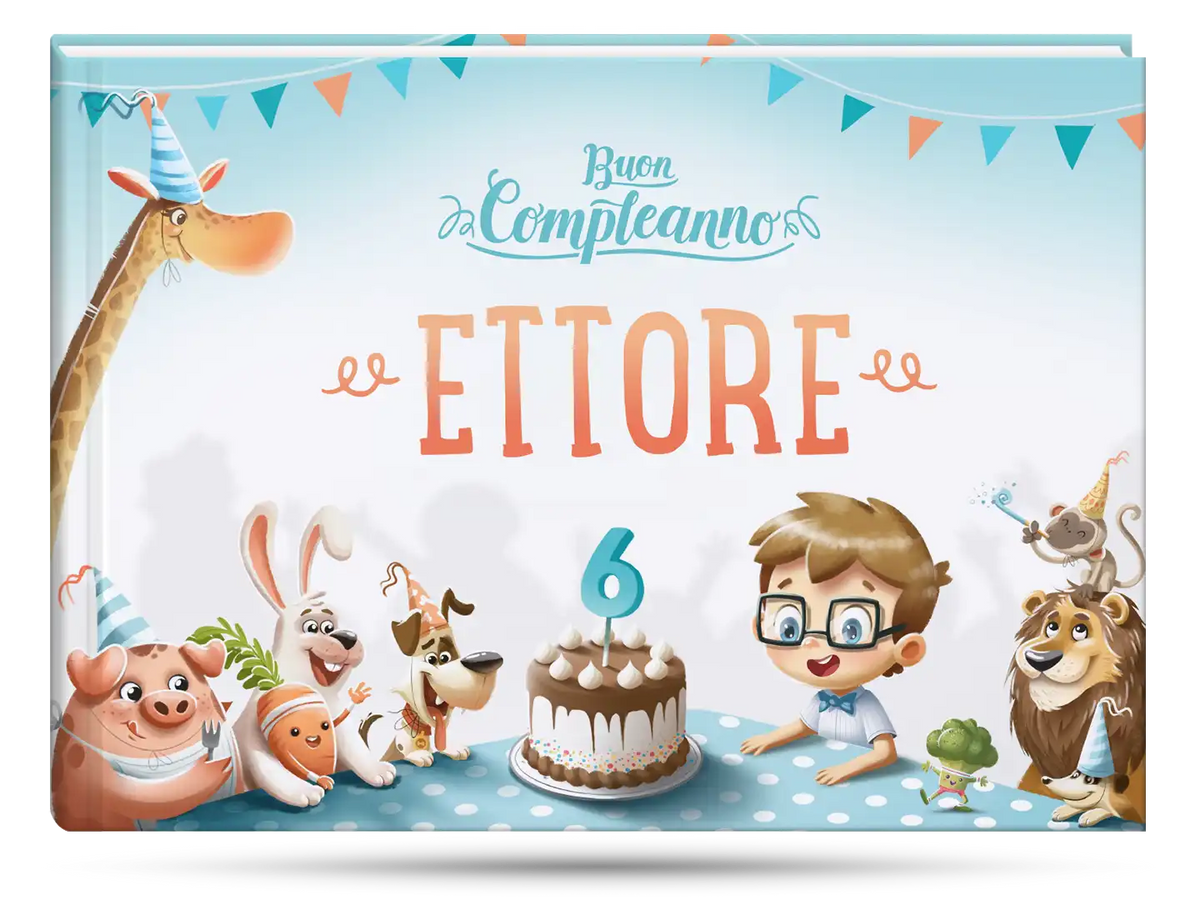 La copertina del libro di compleanno personalizzato, perfetto come regalo per un sesto compleanno.