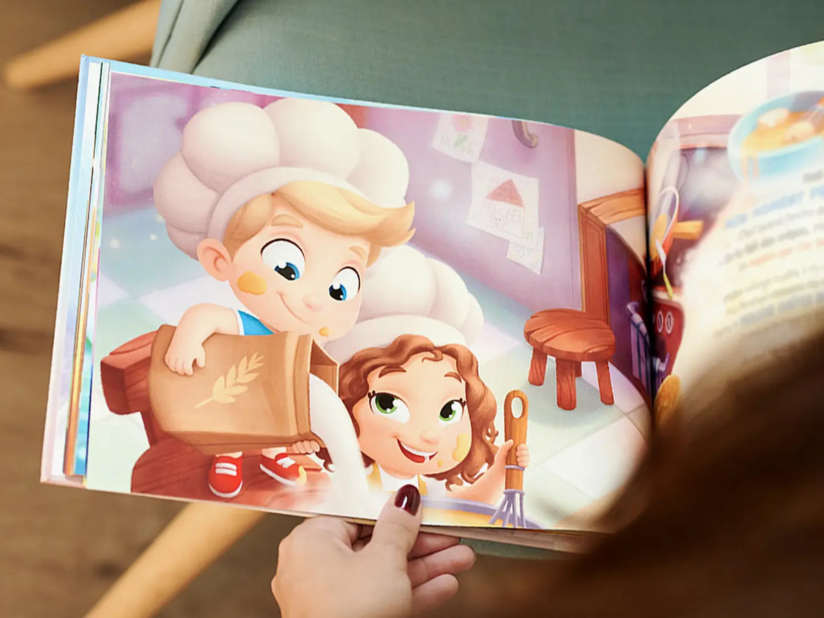 I fratelli guardano con entusiasmo i loro personaggi personalizzati nel libro su misura per mamme e bambini.