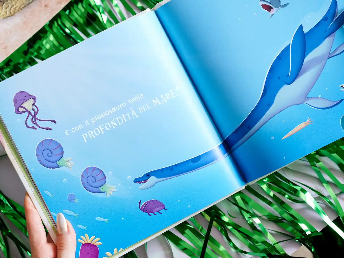 il tema dei dinosauri di questo libro personalizzato affascina i bambini.