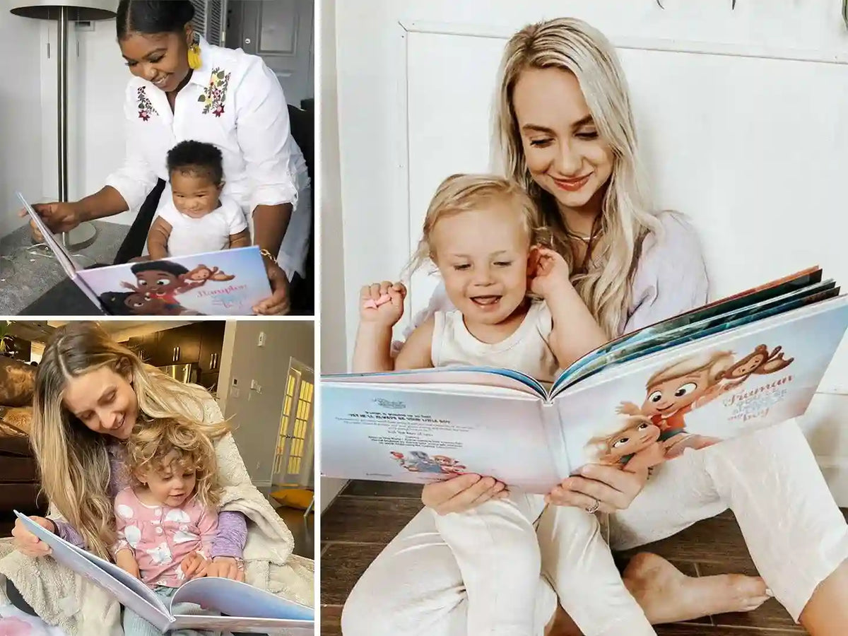 Le mamme si divertono a leggere il loro libro personalizzato di Urrà Eroi con i piccoli.
