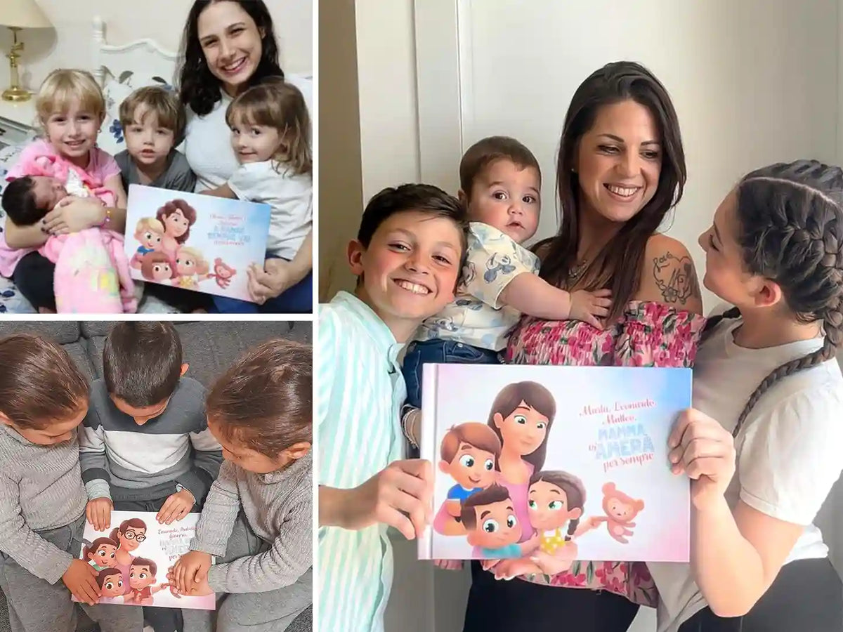 Una bambina in un vestito floreale indica la copertina di un libro di storie personalizzato per la mamma e i suoi bambini.