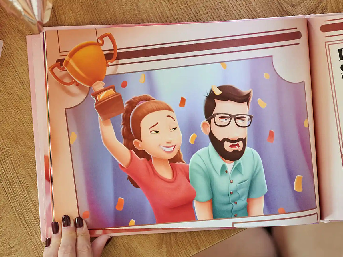 Una divertente illustrazione tratta dal libro personalizzato per coppie di Urrà Eroi, un simpatico regalo per San Valentino