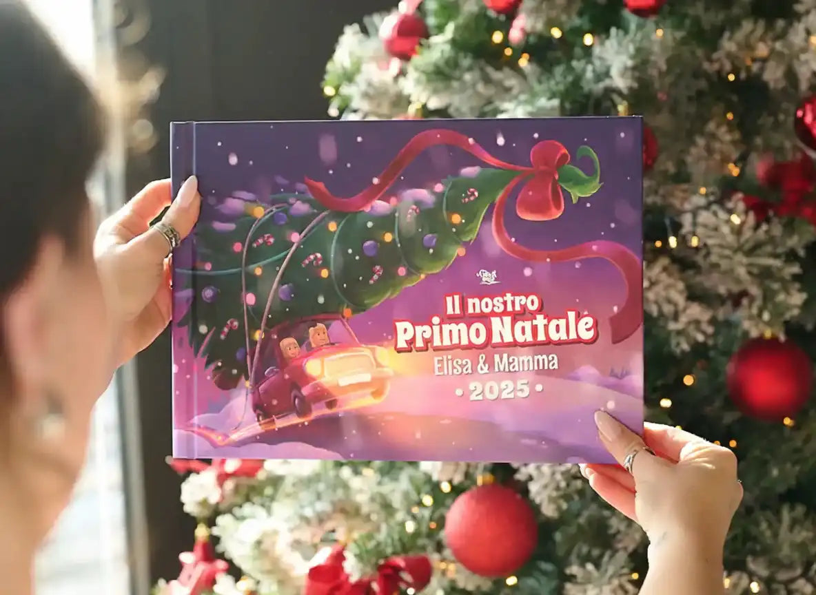Libro di Natale personalizzato “Il nostro Primo Natale 2025” con Elisa & Mamma, tenuto davanti a un albero decorato.